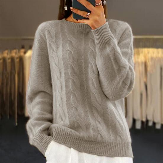 Women Sweater Round Neck Long Sleeve Twist Texture Knitting Tops Solid Color Loose Fit Retro Pullover Tops