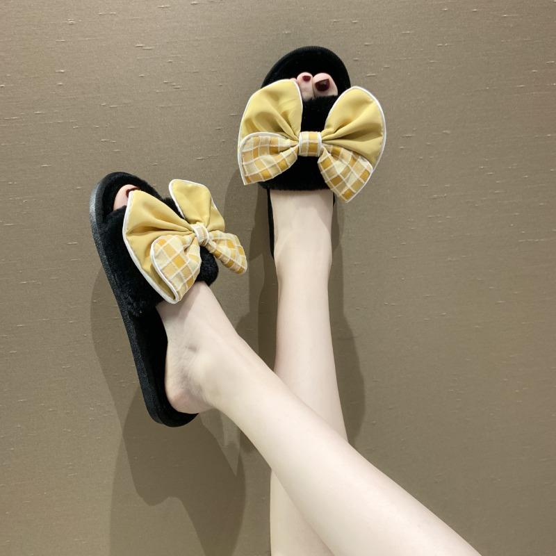 Fashion Casual Fluffy Slippers Women House Flats Fashion Winter Bowknot Designer Shoes Ladies Home Plush Platform Elegant Footwear 2025