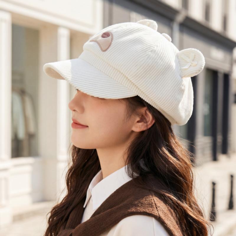 New cute bear ears octagonal hat autumn and winter cartoon bear newsboy hat age-reducing versatile corduroy short brim hat