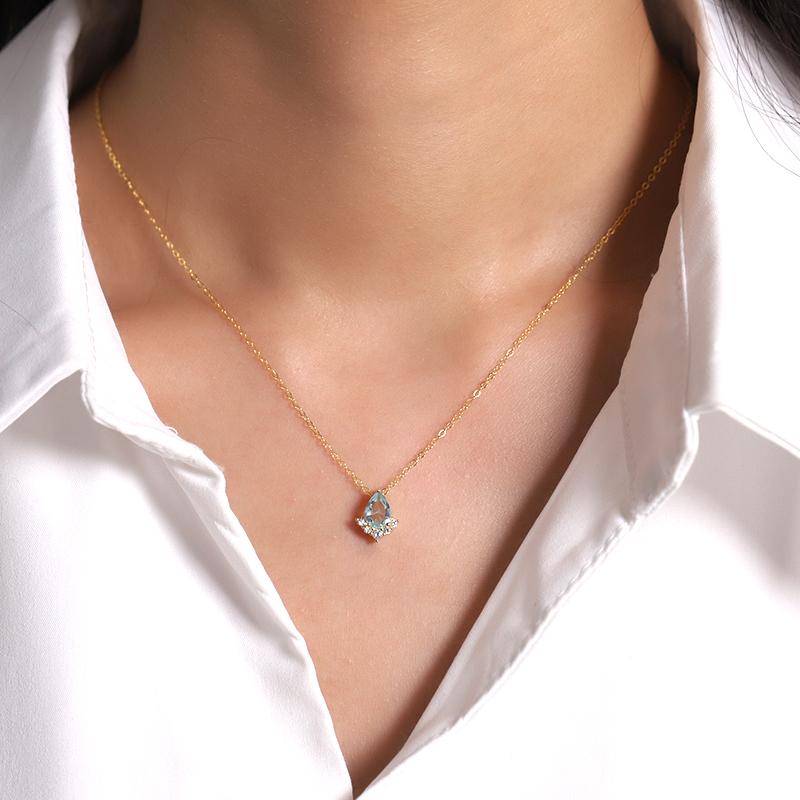 

925 Sterling Silver French Simple Blue Crystal Drop Pendant Clavicle Chain Necklace Women Sweet Cute Student Jewelry Gift Gold
