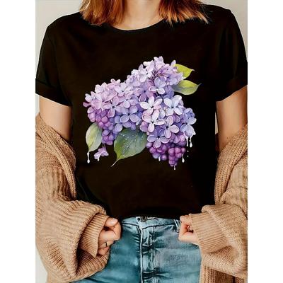 T-shirt con Stampa Grafica, Manica Corta Girocollo Top Casual per Estate e Primavera, Abbigliamento Donna