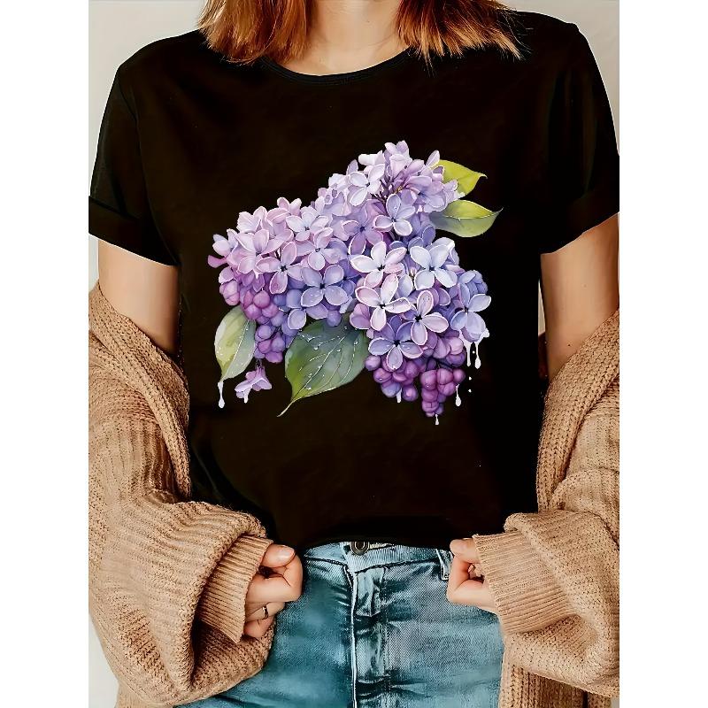 T-shirt con Stampa Grafica, Manica Corta Girocollo Top Casual per Estate e Primavera, Abbigliamento Donna