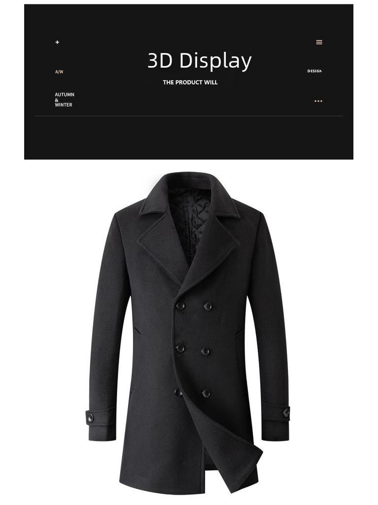 Men's European-Size Double-Breasted Woolen Coat - Medium Length, Fashionable Lapel for Autumn & Winter