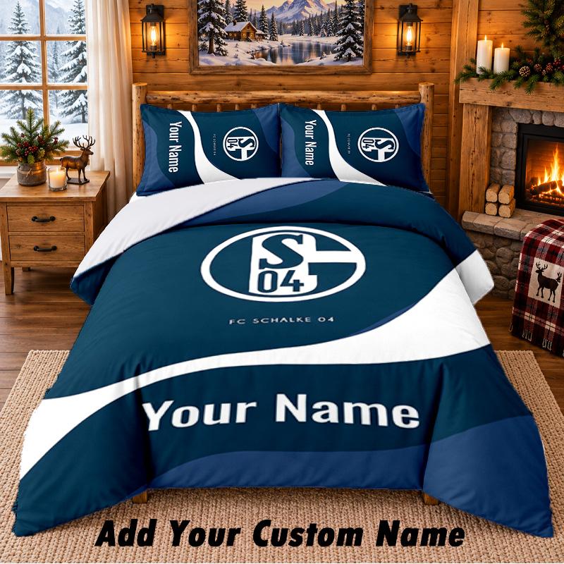 Schalke 04 FC Pattern Bedding 3Pcs Set Custom Name, Bed Sheet And Pillowcases For Home Bedroom