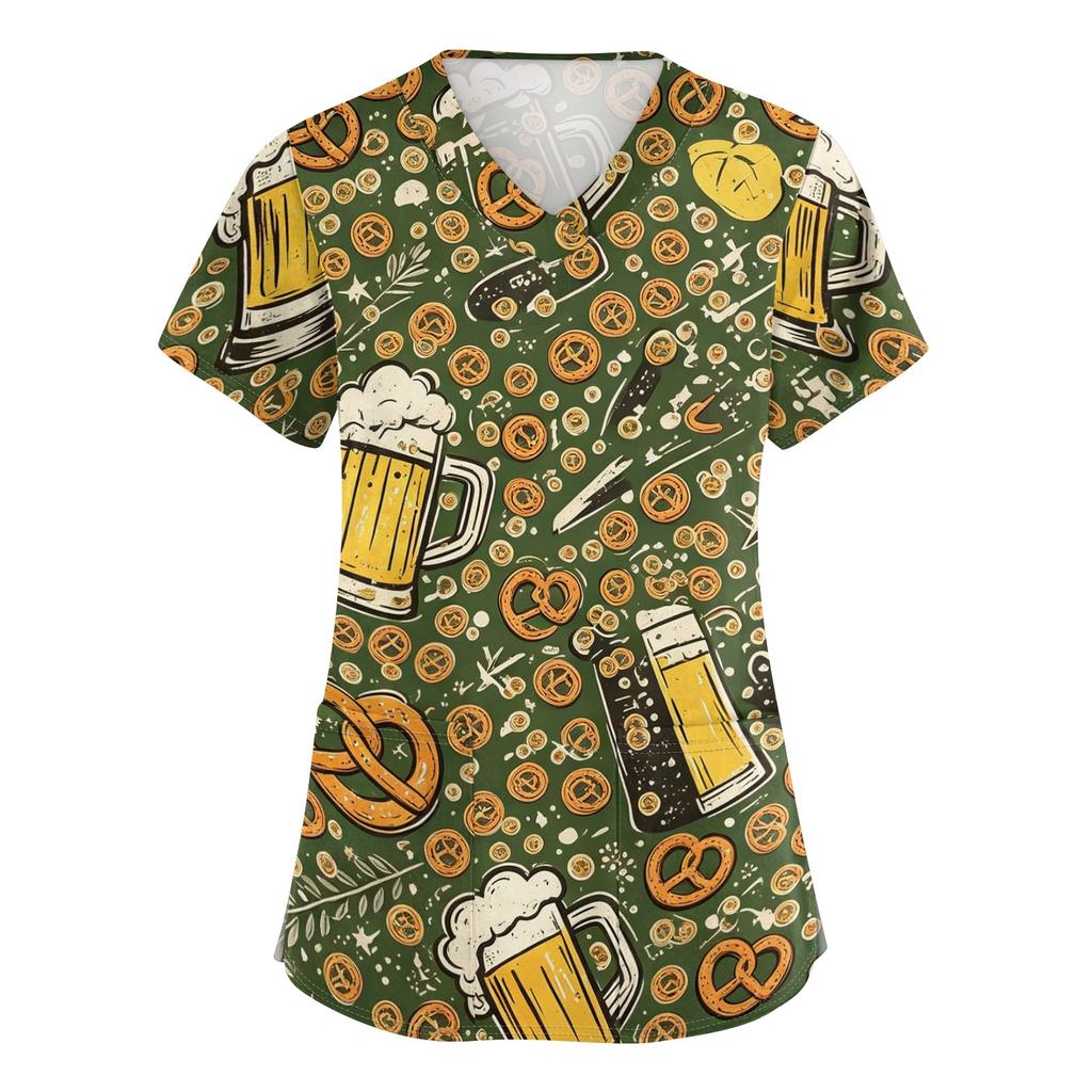 Women's V Neck Short Sleeve Work Top with Pockets Oktoberfest Print Medical Uniform Nurse Scrub Shirt for Healthcare Professionals