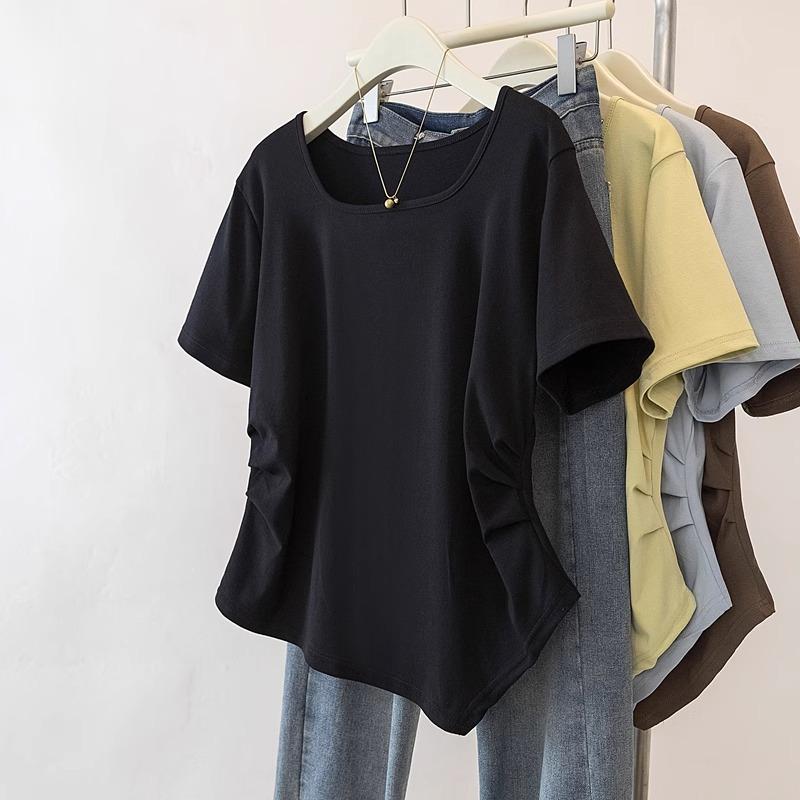 Women's Square Neck Short Sleeve Tee Irregular Hem Slim Fit Ruched Solid Color Commuter T Shirt Plus Size Casual Top