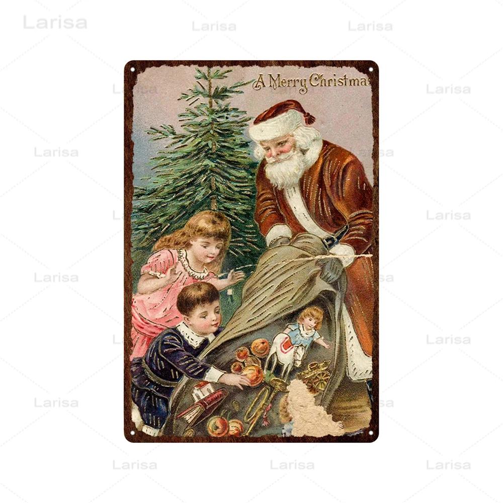 Christmas Vintage Tin Sign Santa Claus Plaque Metal Retro Plate Poster for Club Living Room Kitchen Home Wall Art Decoration