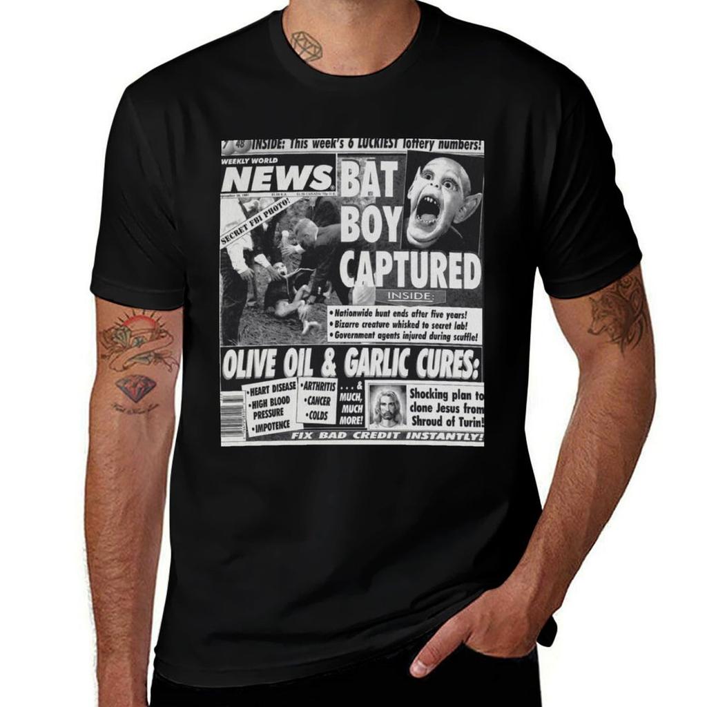 Bat boy captured bizarre odd strange enquire magazine article weekly news clone jesus T-Shirt man t shirt heavy cotton T-Shirt