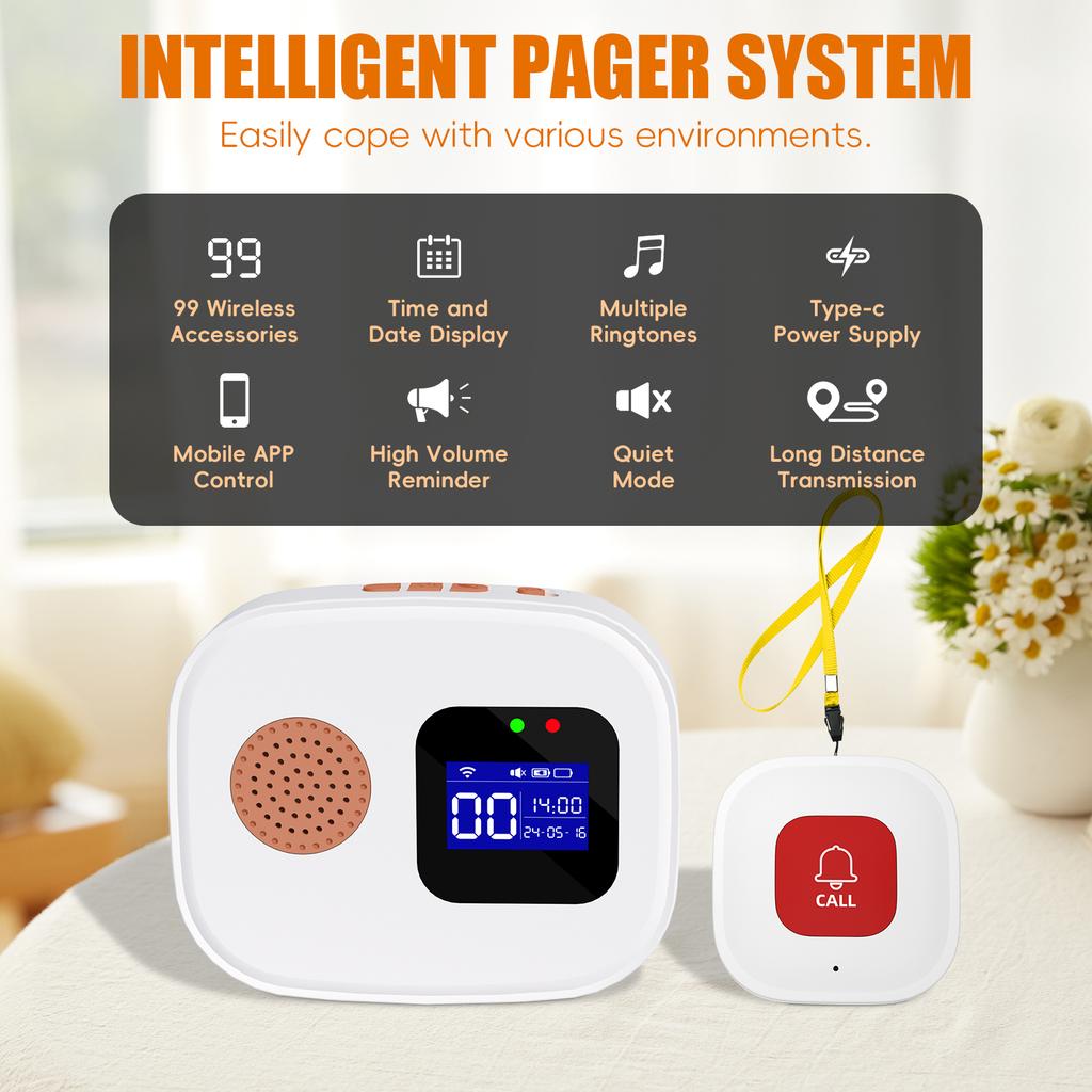 Tuya SOS WiFi Kabelloses Pfleger-Pager-Rufknopf-System Notfall-Alarmknopf für Senioren, Patienten, Behinderte, Ältere, Innenbereich
