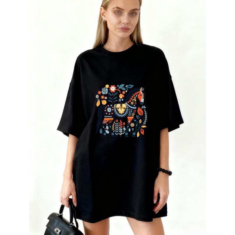 Oversized T Shirt Dress Black Nordic Horse Floral Pattern Print Casual Wear For Women