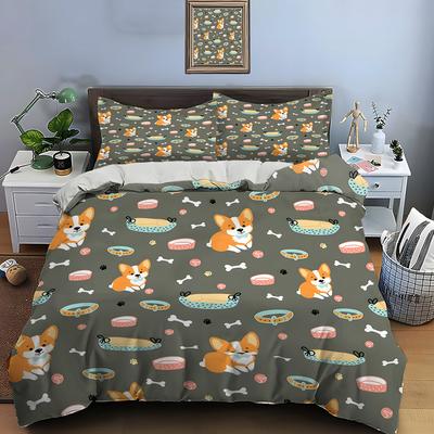 Cartoon Corgi Dogs And Accessories Pattern Bedding Set For Kids Luxury Gift 3Pcs Digital Print Comforter Set Soft Comfortable
