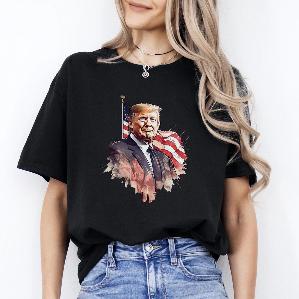 Stylish Donald Trump US Flag T-Shirt American Election Unisex Tee Black Navy Dar