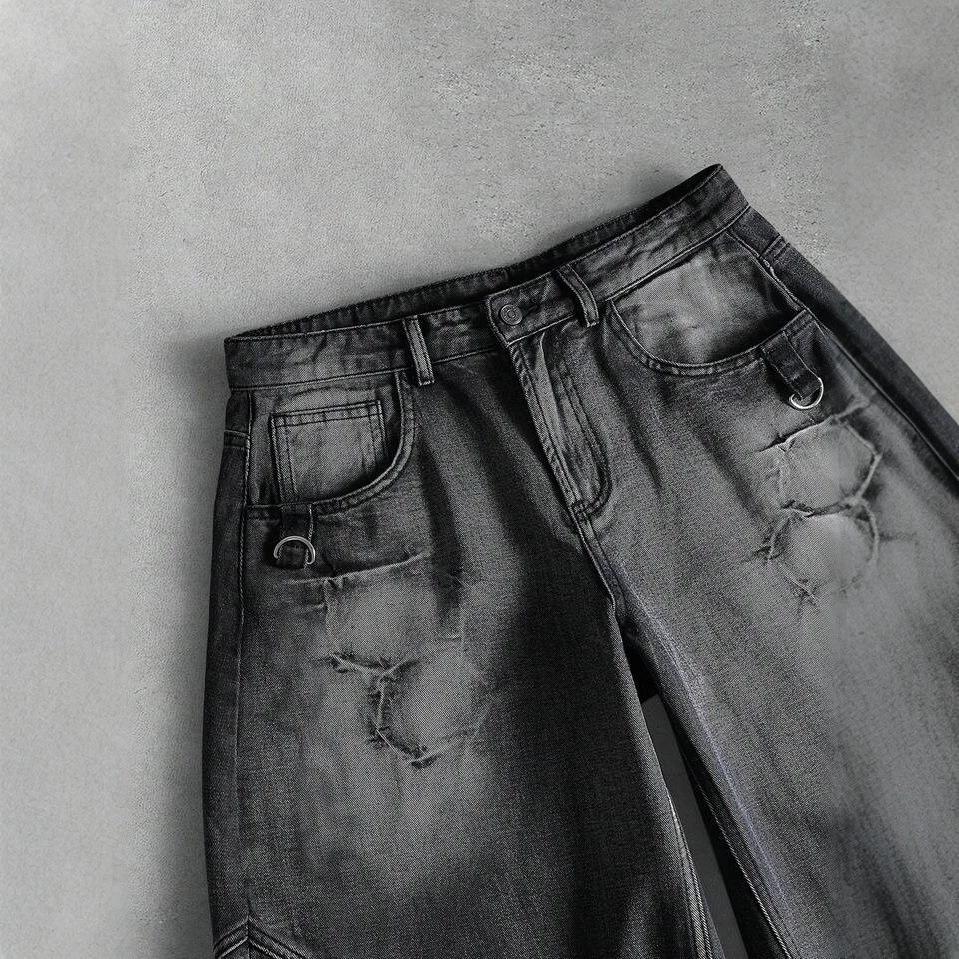 American Retro Washed Design Scimitar Jeans Men's High Sense of Black and Gray Gradual Change Loose Denim Trousers