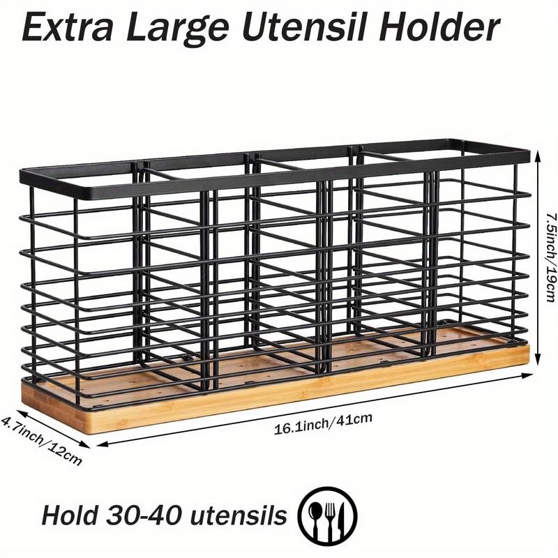 Extra Large Utensil Holder for Kitchen Countertop with 4 Compartments Farmhouse Wooden Base Matte Black Metal Bamboo Storage