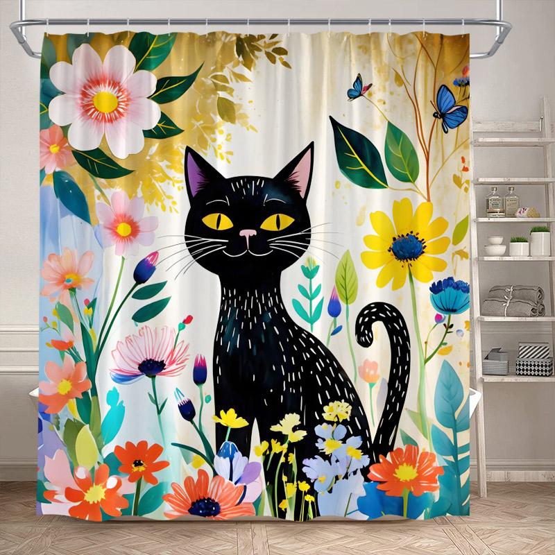 Funny Black Cat Shower Curtains Cute Animal Pet Floral Vintage Painting Art Modern Fabric Home Bathroom Decor Bath Curtain Set