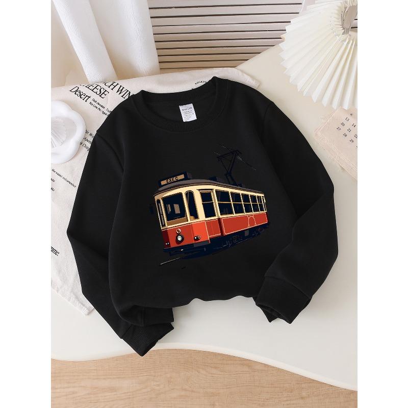 European Sizes Red Trolley Exec Sign Vintage Design Girls' Crew Neck Fashion Sweatshirt, Western Top, Long Sleeved Casual T-Shirt