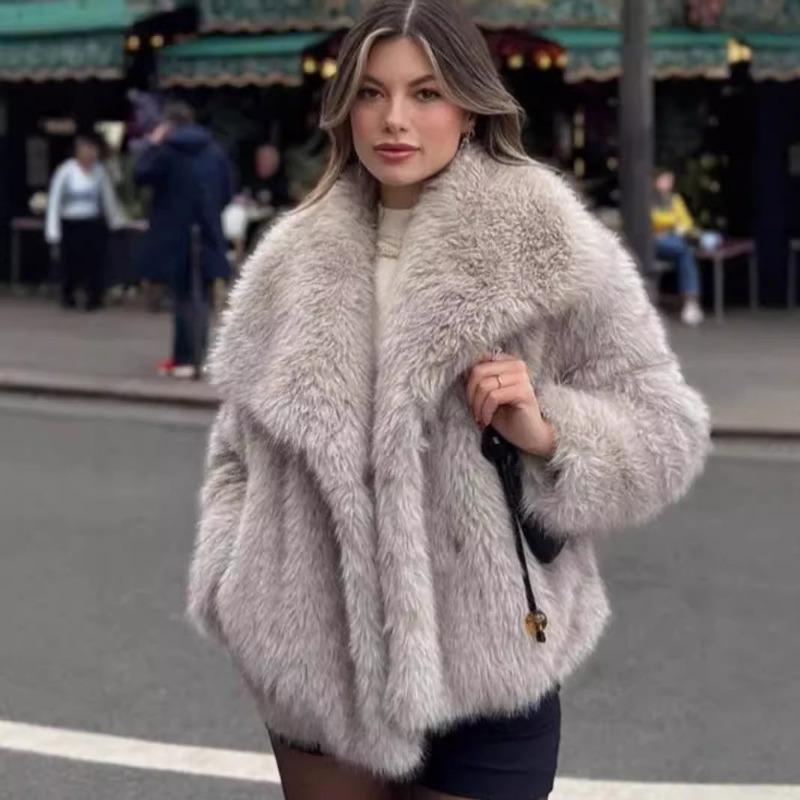 Stylish big lapel imitation fur jacket femininity elegant celebrity long-sleeved thermal coat fluffy top