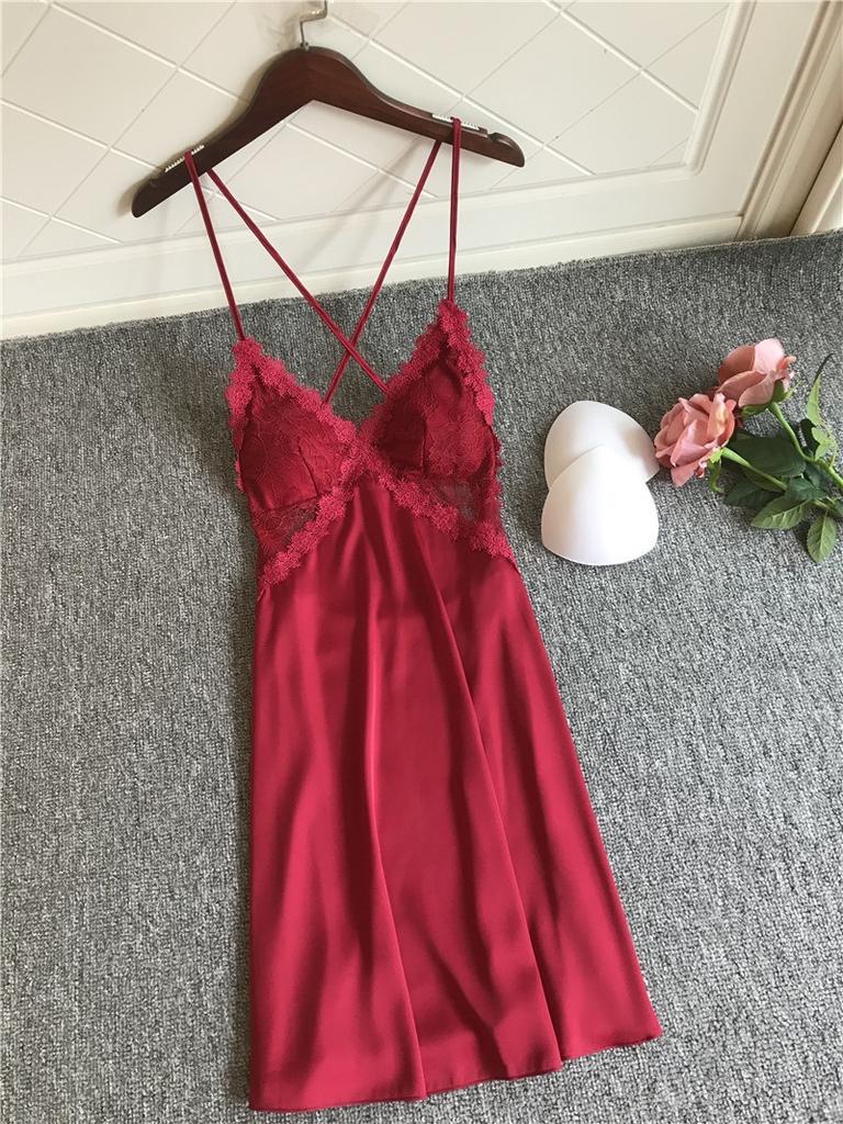 Sexy suspender pajamas women's ice silk thin style with chest pad lace beautiful back French small chest gathering suspender pajamas