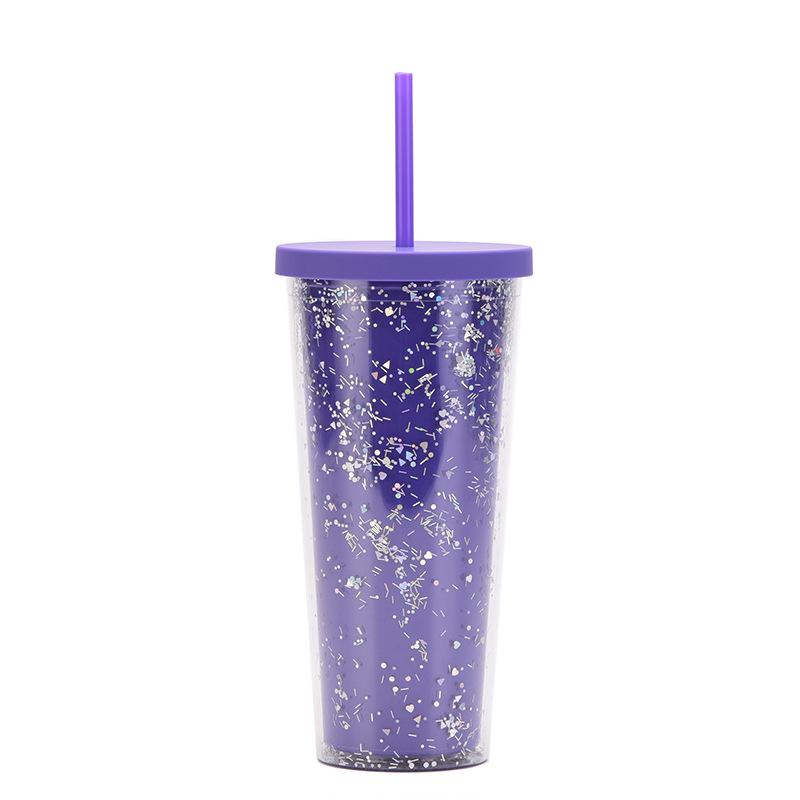 24Oz Double-Layer Plastic Cup Men'S And Women'S Sequined Shallots Glitter Creative Water Cup With Straw
