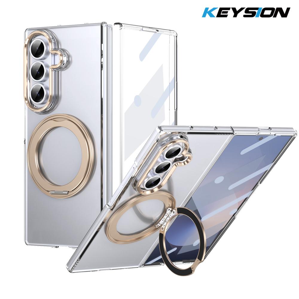 KEYSION 360° Rotating Magnetic Ring Stand Case for Samsung Galaxy Z Fold 7 5G Transparent PC Phone Cover with Screen Protector