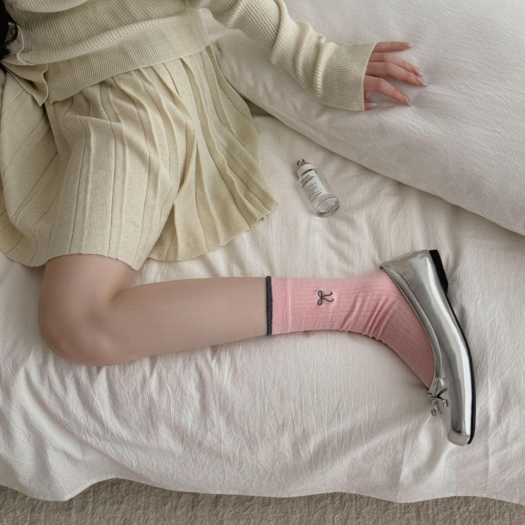 Gray-Blue Striped Embroidered Bow Socks for Women – Korean Ballet Style, Trendy All-Match Socks