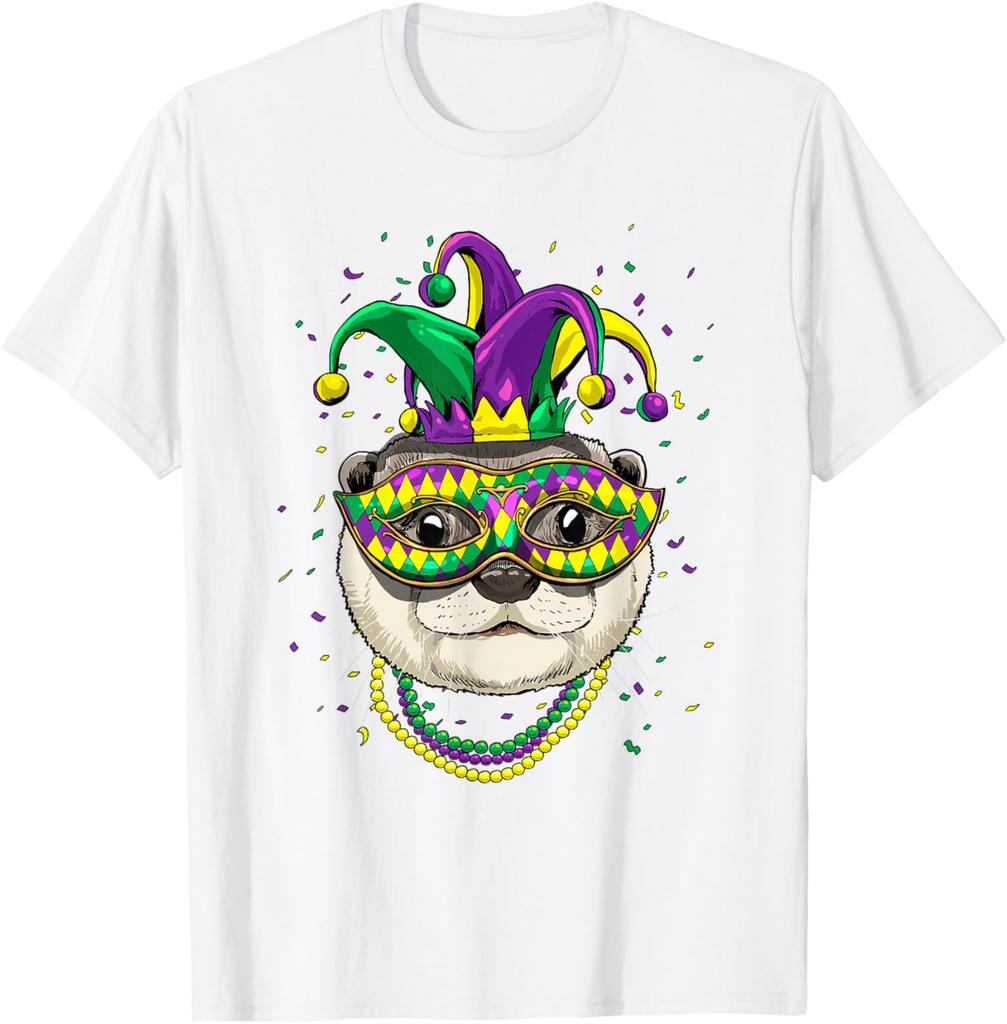 Mardi Gras Otter  Mask Beads Graphic Print Cotton Casual T-Shirt for Men