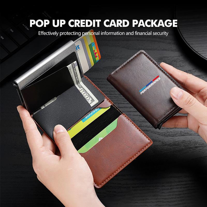 ZDNE2 Car Leather Pop Up Wallet RFID Blocking Metal Double Card Case For BMW 1 3 5 Series G30 G32 G38 2021 2020 2019 2018 E46 E91