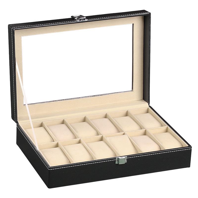 PU Leather Watch Storage Box with Transparent Window, Available in 6 or 12 Slots