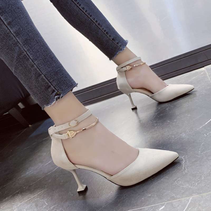 Black high heels women 2025 European station model fashion sexy temperament pointed one-word button stiletto sandals