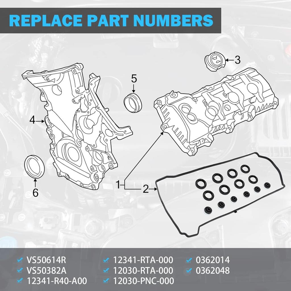 Valve Cover Gasket Set - Compatible With 2.0L 2.3L 2.4L 2002-2015 Honda Accord, Civic, CR-V, Element, Crosstour, Acura CSX, ILX, RDX, RSX, TSX -