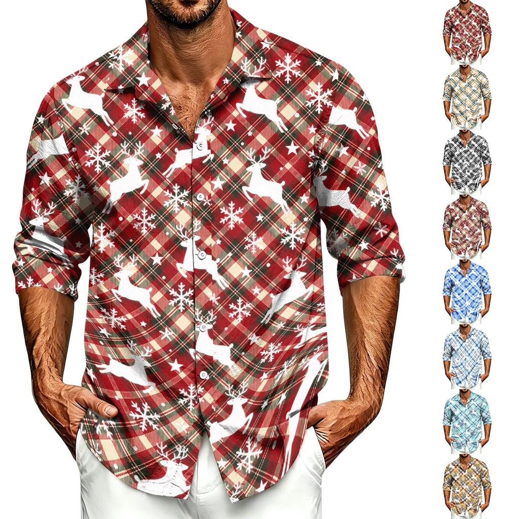 Men's Casual Long Sleeve Shirt with Christmas Print for Spring, Fall and Everyday Wear