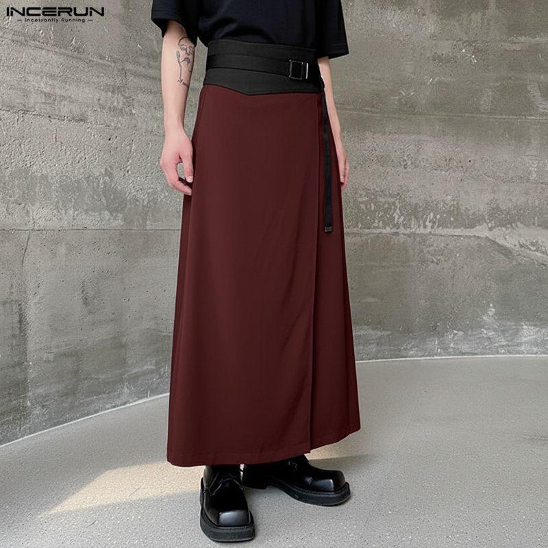 INCERUN Men Women Patchwork High Waist Belt Casual Ruffled Pleated Skirts