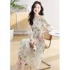 Elegant French Floral Print Puff Sleeve Dress: Spring & Autumn Waist-Cinching Long Skirt