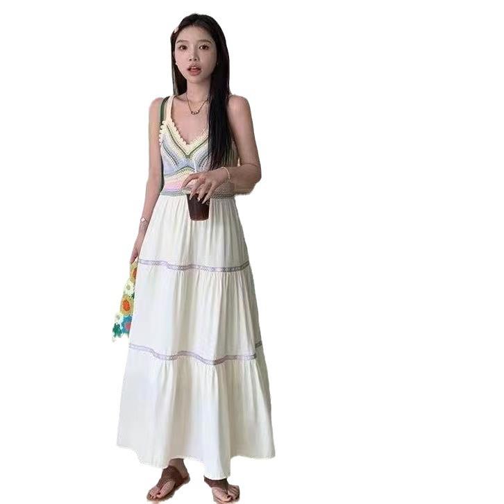 2026 Women's Ethnic Style Suspender Hollow Splicing Dress, New Holiday Style Travel Suspender Skirt Women's Clothing