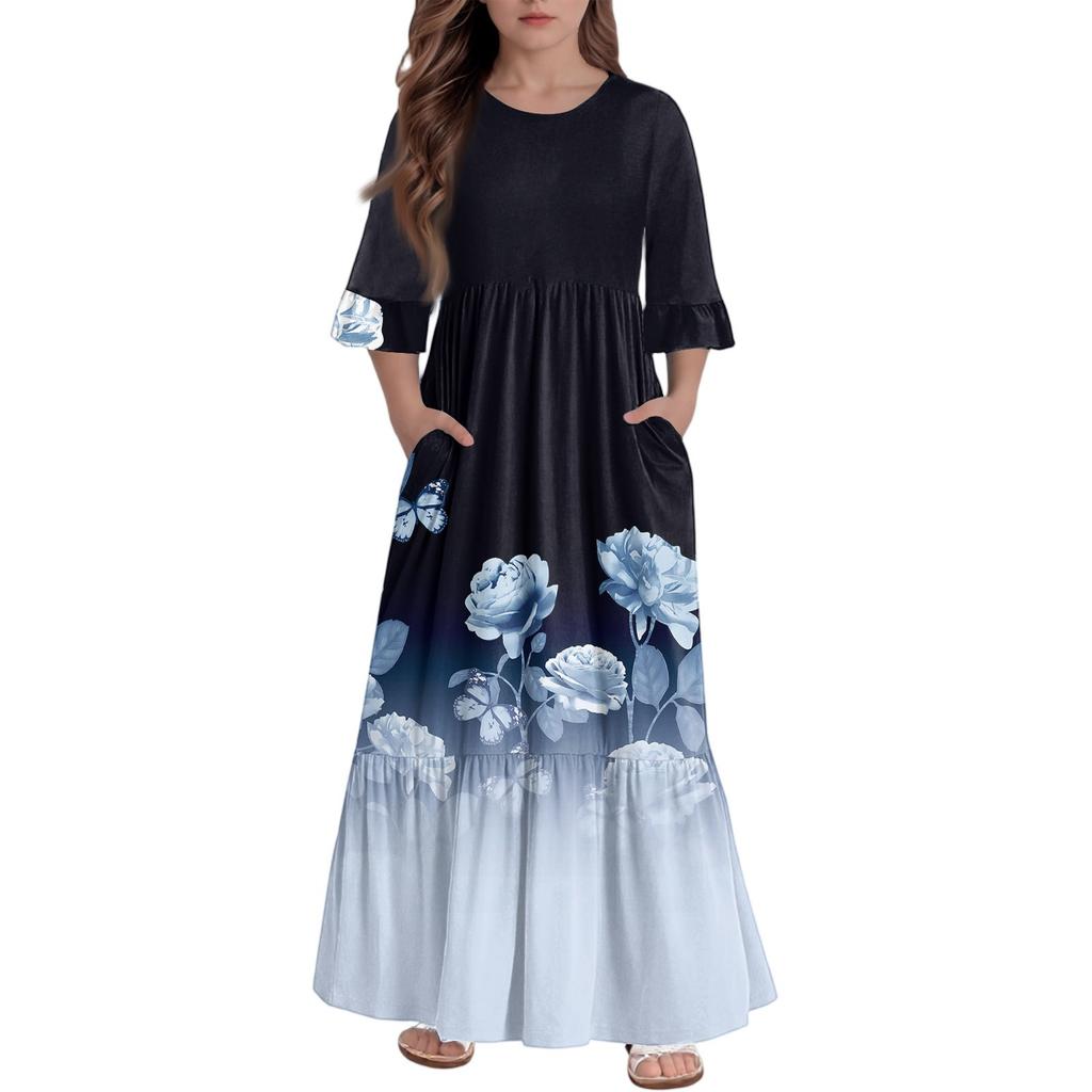 Girls' Tiered Ruffle Dress - 3/4 Sleeve Pocket Maxi With Pockets