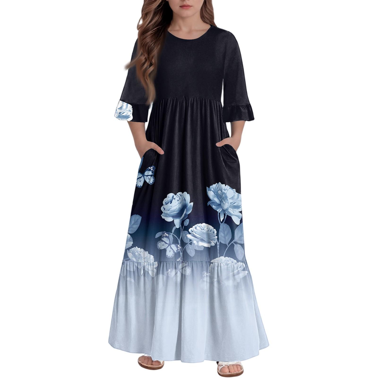 

Платье с многоярусными оборками для девочек - Макси с карманами, рукав 3/4 130