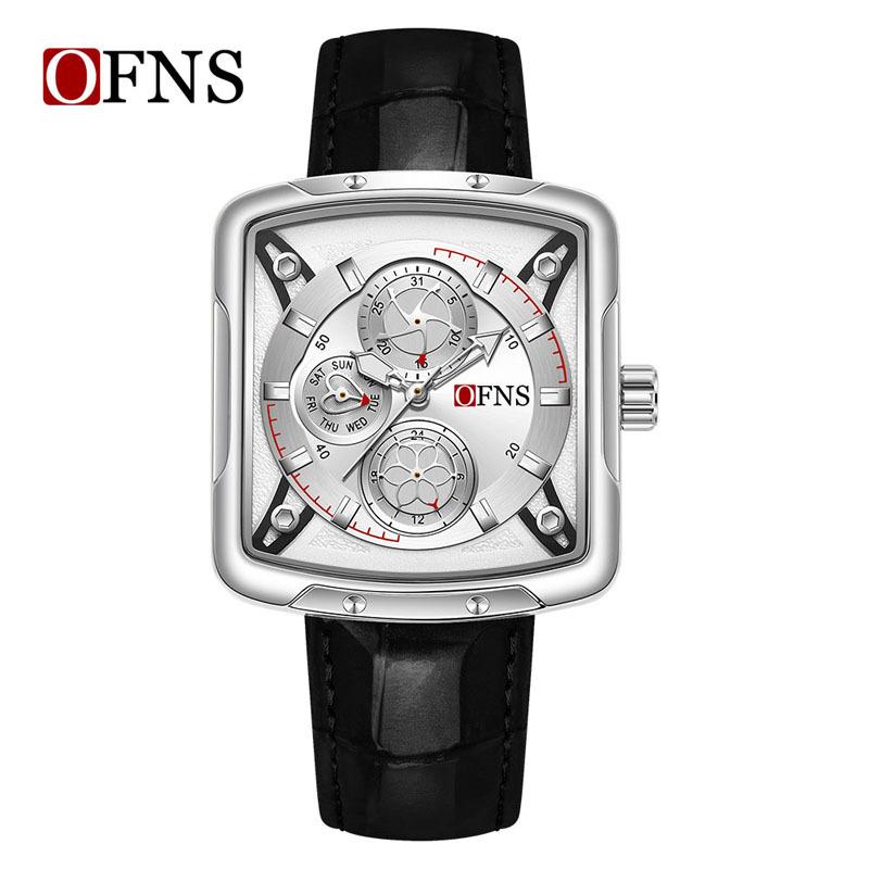 OFNS Brand 1516 Fashion Square Six Needle Quartz Watch 3ATM Waterproof Luminous Head Layer Leather Strap Date Display Cool Men's