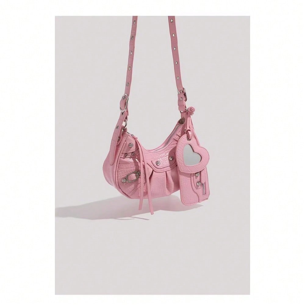 Locomotive Armpit Bag Women's Pleated Crescent Bag, Rivet Tassel, Shoulder Crossbody Women's Bag