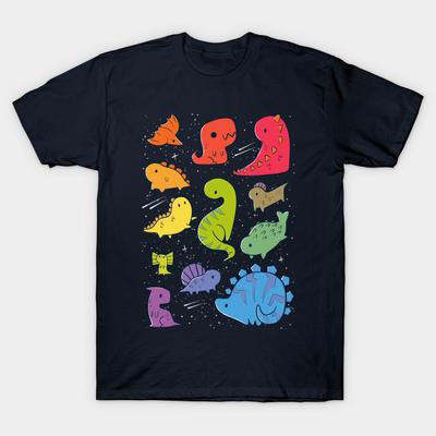 Men Black Print T-shirt Tiny Rainbow Dinosaurs No-Cut Heat Transfer Print Cotton Tshirt