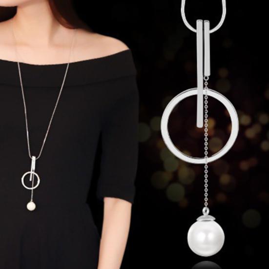 Women Fashion Imitation Pearl Circle Bar Pendant Sweater Chain Necklace Jewelry