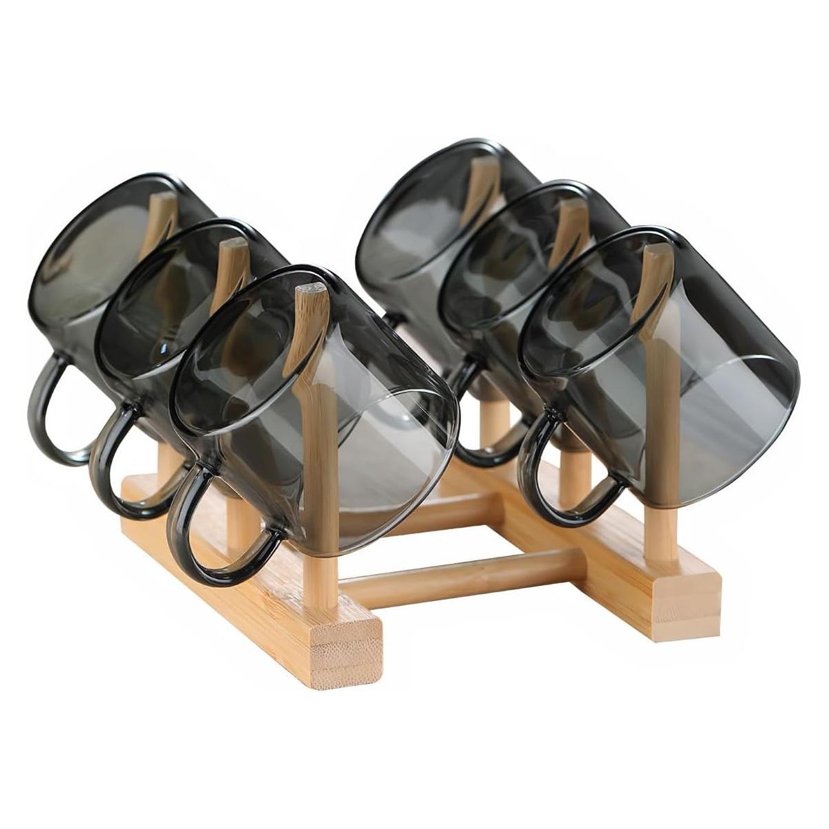 

6 Pack Small Glass Tea Cup(3oz/90ml) + Bamboo Holder Set, Chinese Tea Utensil Decoration, Transparent Espresso Cup in Smoky Gray 90ml темно-серого