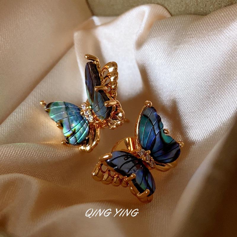 French Retro Iridescent Mother-of-Pearl 3D Butterfly Stud Earrings for Women - Silver Needle, High-End Niche Design. None