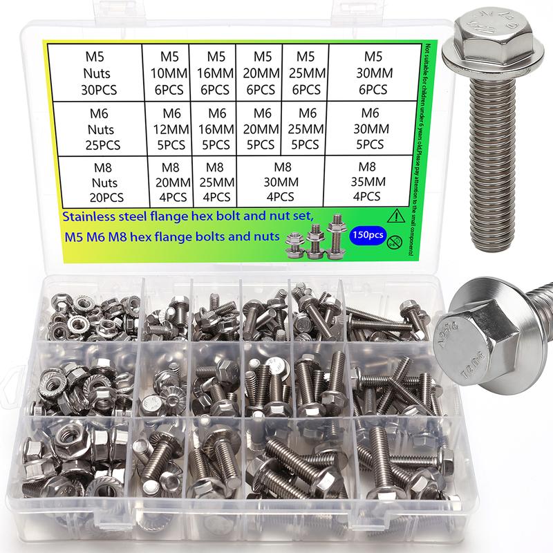 150pcs Stainless Steel 304 Metric Flange Hex Nuts, Flange Bolts and Nut Kit, M5 M6 M8 Including 14 Common Sizes, Fully Threaded.
