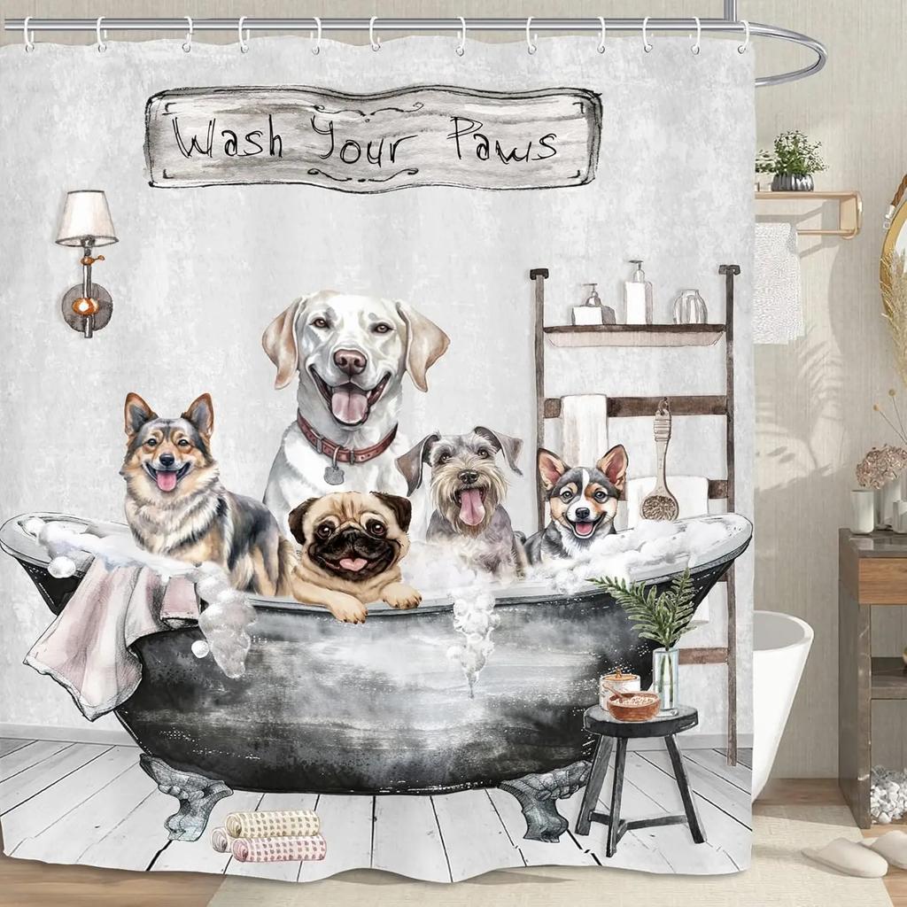 Funny Dogs Cute Shower Curtain Bulldog Pet Hilarious Schnauzer Farmhouse Rustic Bathroom Set Accessories Decor With 12Pack Hoo