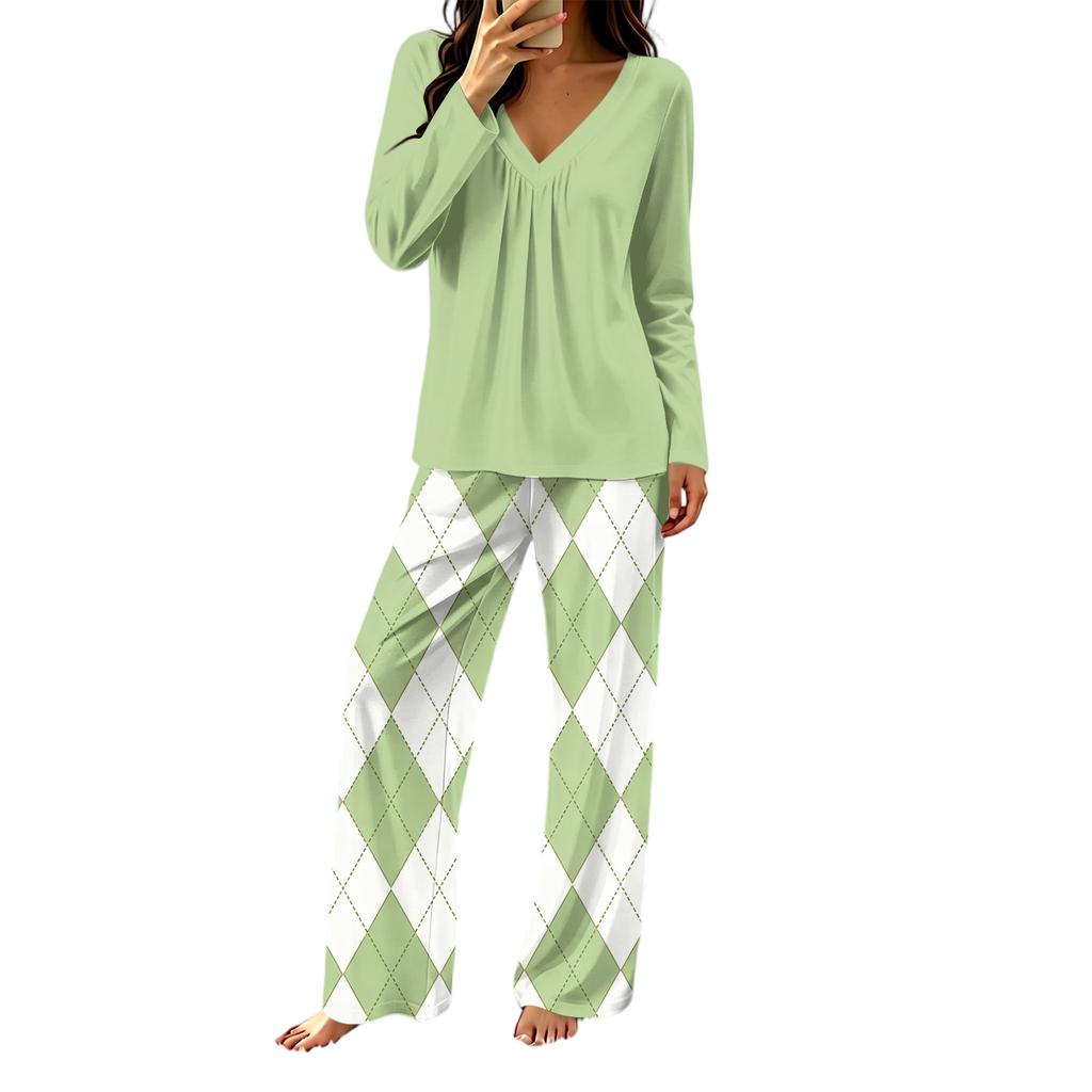 Women's V-Neck Loose Fit Printed Pajama Set Two Piece Sleepwear for Casual