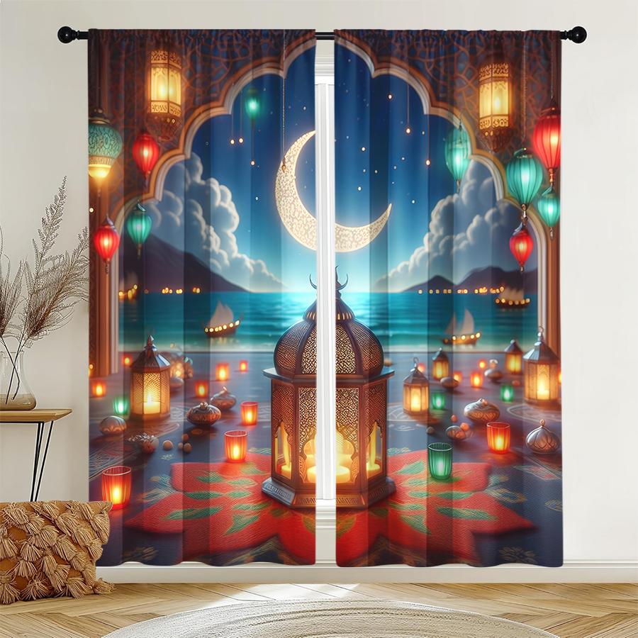 2pcs Festive Lantern & Crescent Night Scene Curtains, Ideal for Ramadan/Eid Window Decor,Rod Pocket Curtains