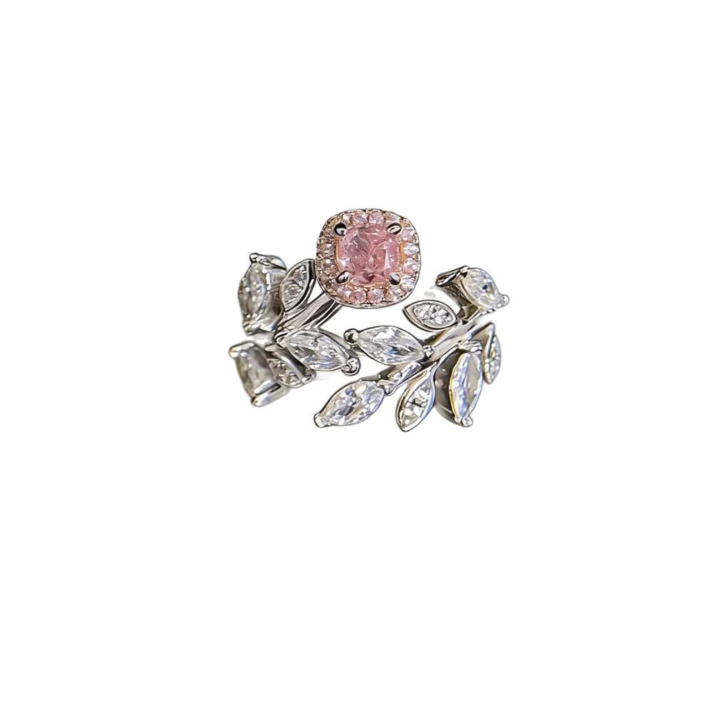 Women s High-End Zirconia Two-Tone Leaf Sparkle Ring Adjustable Open розовый