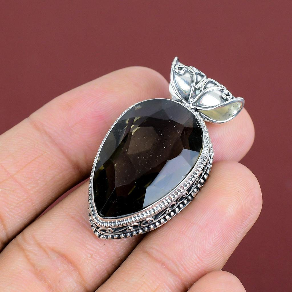 Faceted Smoky Quartz Pendant Vintage Unique Pendant 925 Sterling Silver Pendant Smoky Quartz Gemstone Jewelry Handmade Pendant Gifts For Him