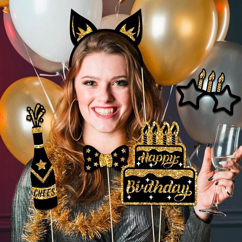 Black and Gold Birthday Party Decoration Set - 36-Piece Photo Props