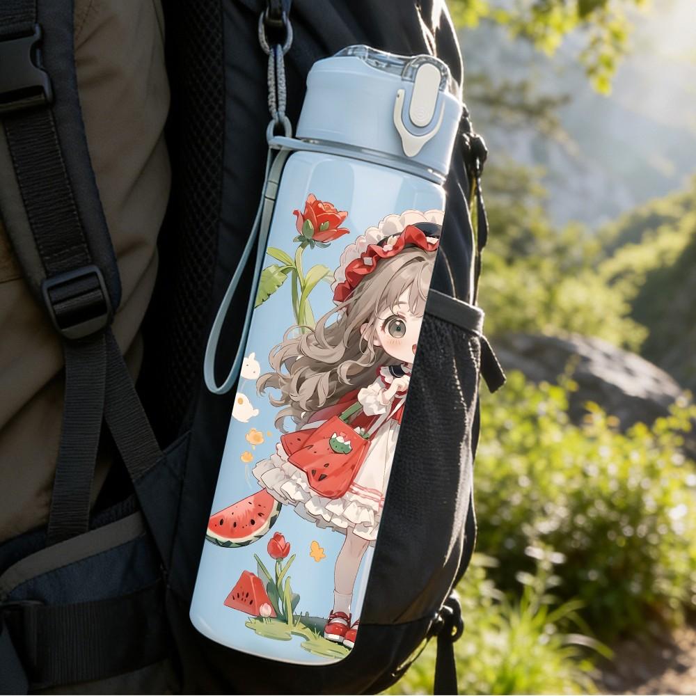 1PC Red White Dress Girl Rose Flower Pattern 750ml Color Plastic Sports Water Bottle Leakproof Flip Straw Lid Suitable for Sports Office Home Use